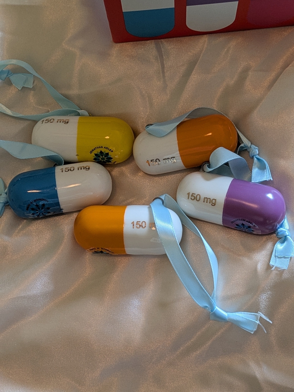 Jonathan Adler porcelain "Full Dose" ornaments – Blue, Yellow, Orange, Purple